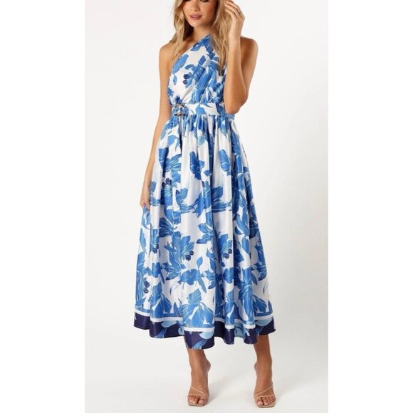 Petal & Pup Dresses & Skirts - Petal & Pup Midi Dress 10 Blue White Floral Silky One Shoulder Washable NEW